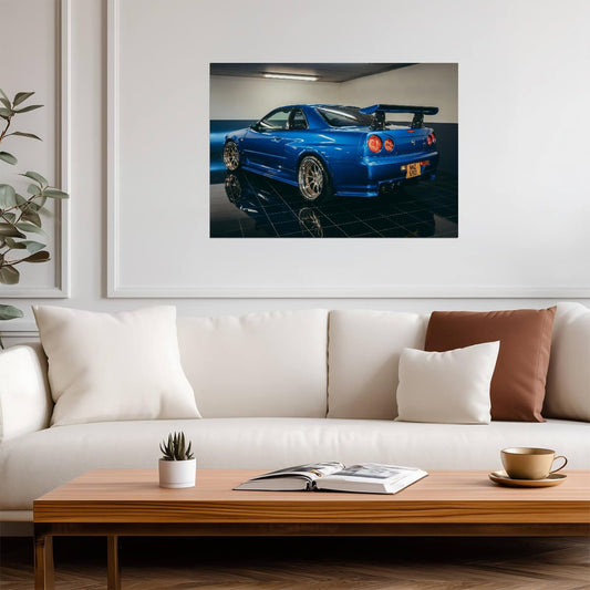 Nissan Skyline GT-R R34 Rear View | Bayside Blue JDM Poster | Custom Tuner Car Garage Art - Cars Poster