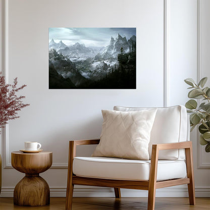 Skyrim Epic Mountain Vista | Dragonborn Overlook Poster | Fantasy RPG Landscape Art - Video Games Poster