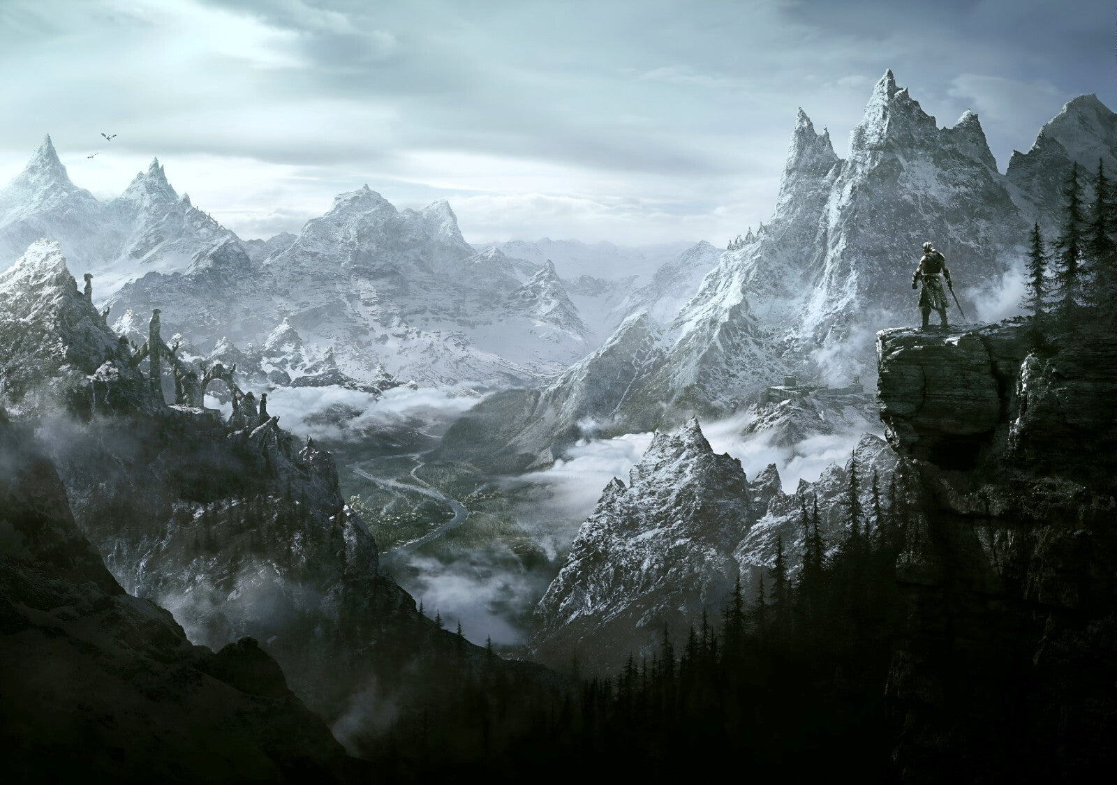 Skyrim Epic Mountain Vista | Dragonborn Overlook Poster | Fantasy RPG Landscape Art - Video Games Poster