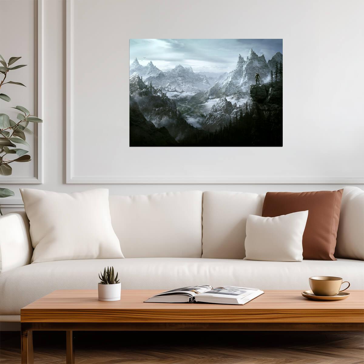 Skyrim Epic Mountain Vista | Dragonborn Overlook Poster | Fantasy RPG Landscape Art - Video Games Poster