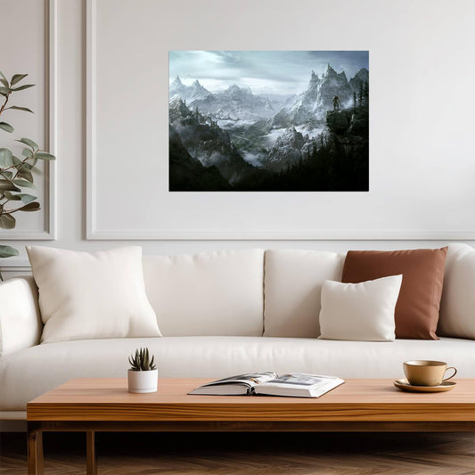 Skyrim Epic Mountain Vista | Dragonborn Overlook Poster | Fantasy RPG Landscape Art - Video Games Poster