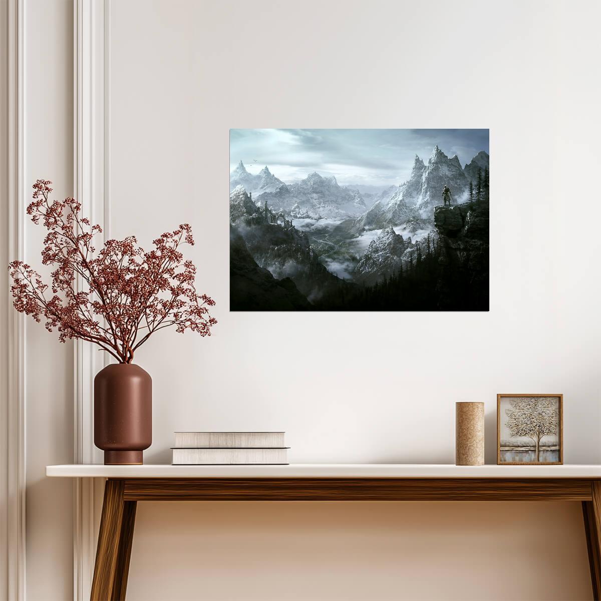 Skyrim Epic Mountain Vista | Dragonborn Overlook Poster | Fantasy RPG Landscape Art - Video Games Poster