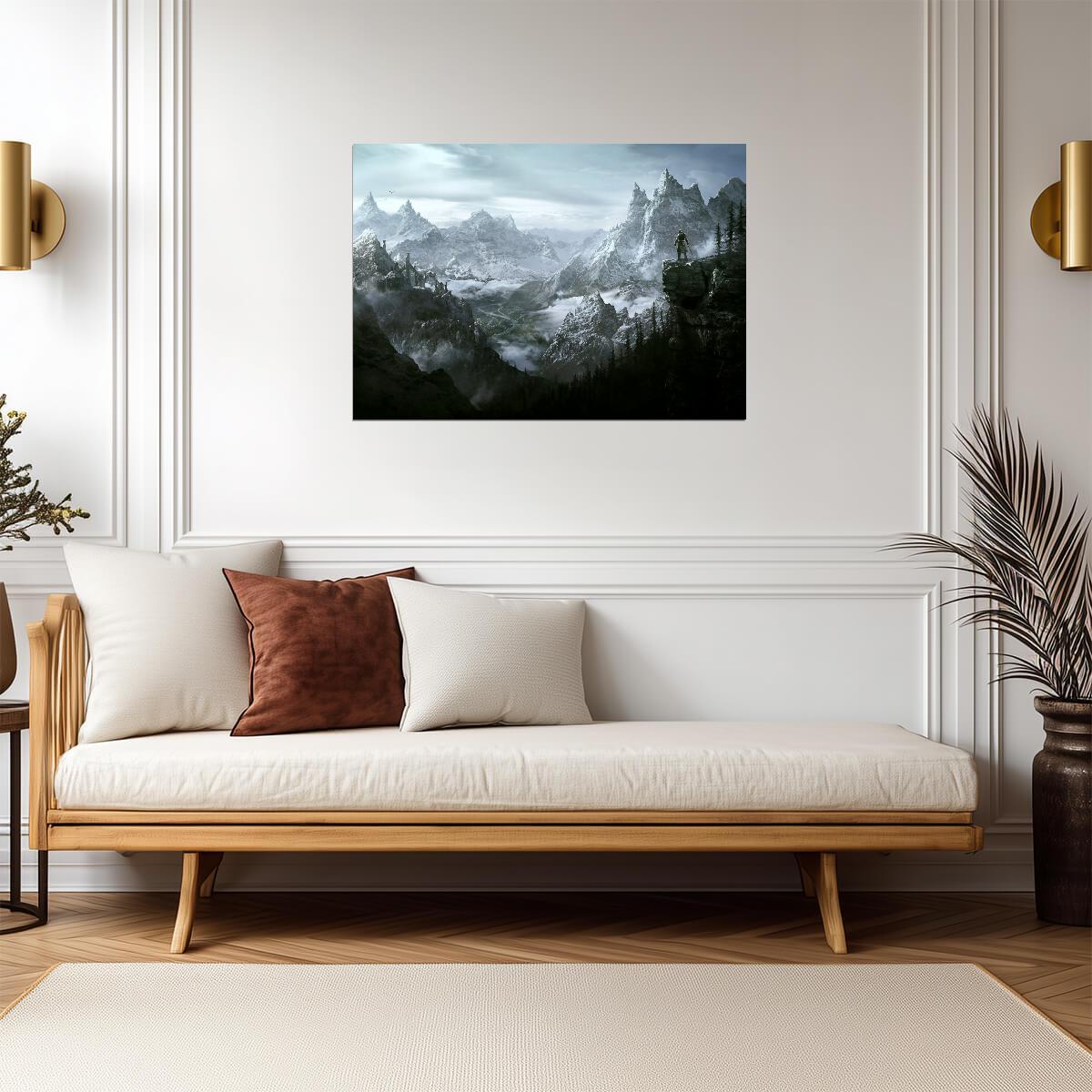 Skyrim Epic Mountain Vista | Dragonborn Overlook Poster | Fantasy RPG Landscape Art - Video Games Poster