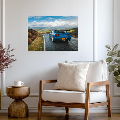 Nissan Skyline GT-R R34 Driving | Bayside Blue JDM Legend Poster | Scenic Mountain Road Photography - Cars Poster
