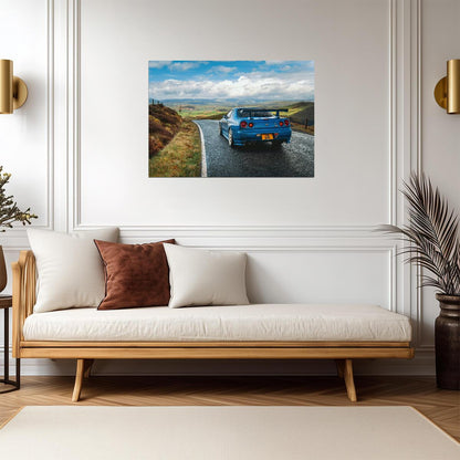 Nissan Skyline GT-R R34 Driving | Bayside Blue JDM Legend Poster | Scenic Mountain Road Photography - Cars Poster