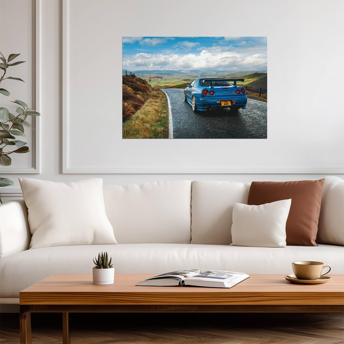 Nissan Skyline GT-R R34 Driving | Bayside Blue JDM Legend Poster | Scenic Mountain Road Photography - Cars Poster
