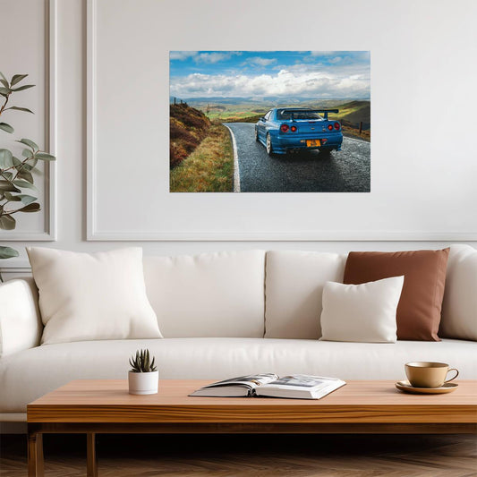 Nissan Skyline GT-R R34 Driving | Bayside Blue JDM Legend Poster | Scenic Mountain Road Photography - Cars Poster