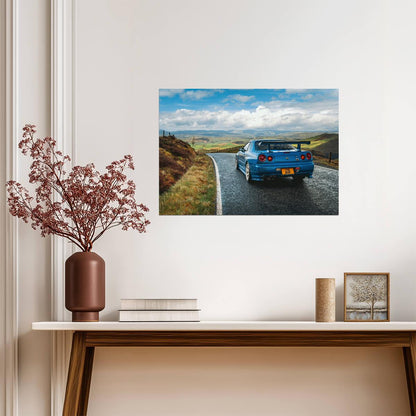 Nissan Skyline GT-R R34 Driving | Bayside Blue JDM Legend Poster | Scenic Mountain Road Photography - Cars Poster