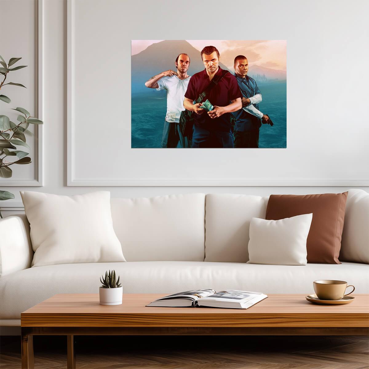 Grand Theft Auto V Michael Franklin & Trevor Heist | Main Characters Poster | Gamer Wall Art - Video Games Poster