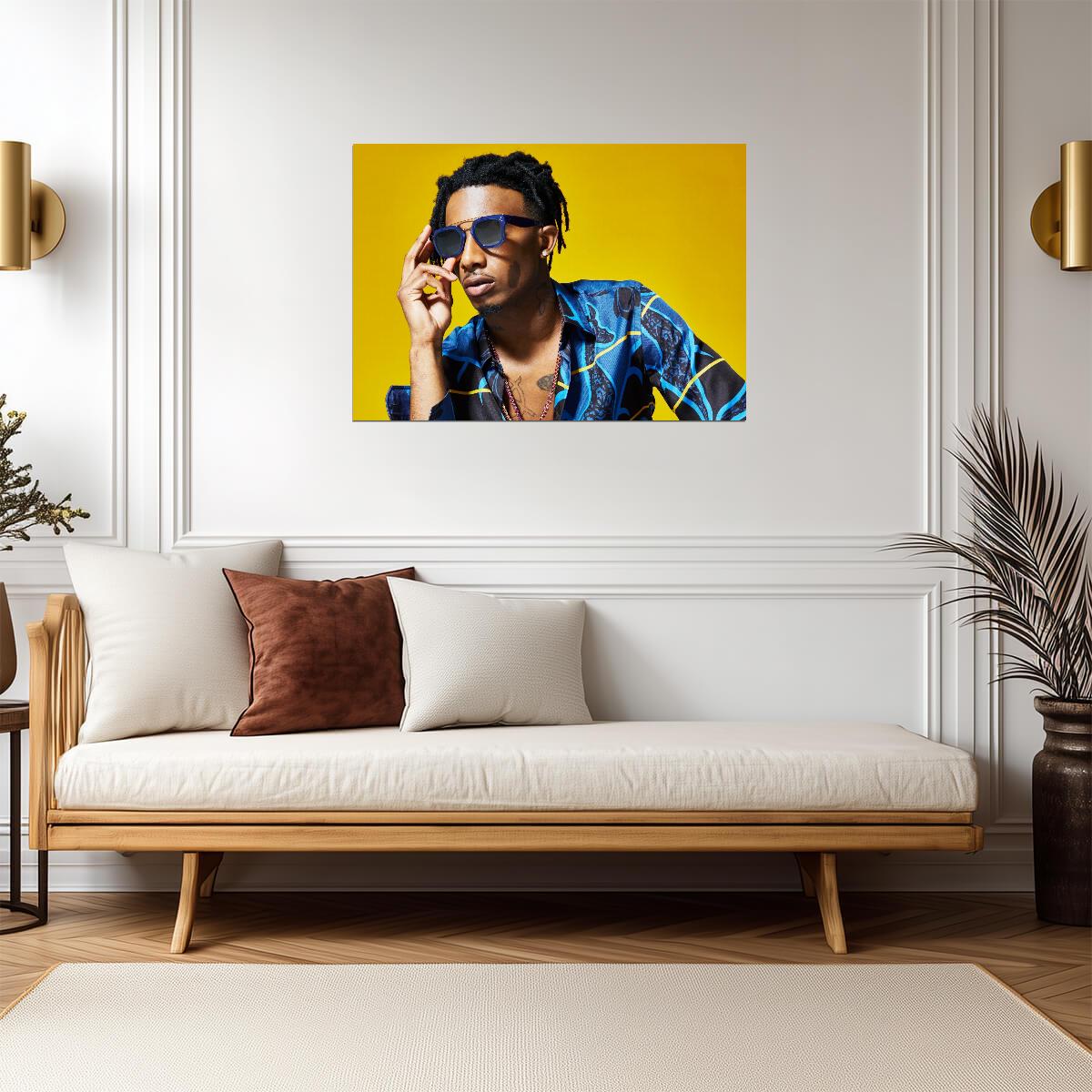 Playboi Carti Yellow Background Photoshoot | Blue Shirt Sunglasses Poster | Hip Hop Star Art - Music Poster