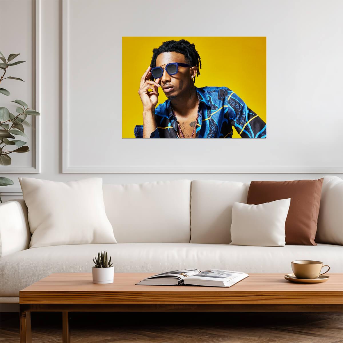 Playboi Carti Yellow Background Photoshoot | Blue Shirt Sunglasses Poster | Hip Hop Star Art - Music Poster