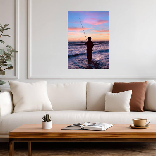 Fisherman Casting at Sunset | Ocean Fishing Poster | Scenic Wall Art - Photography Poster