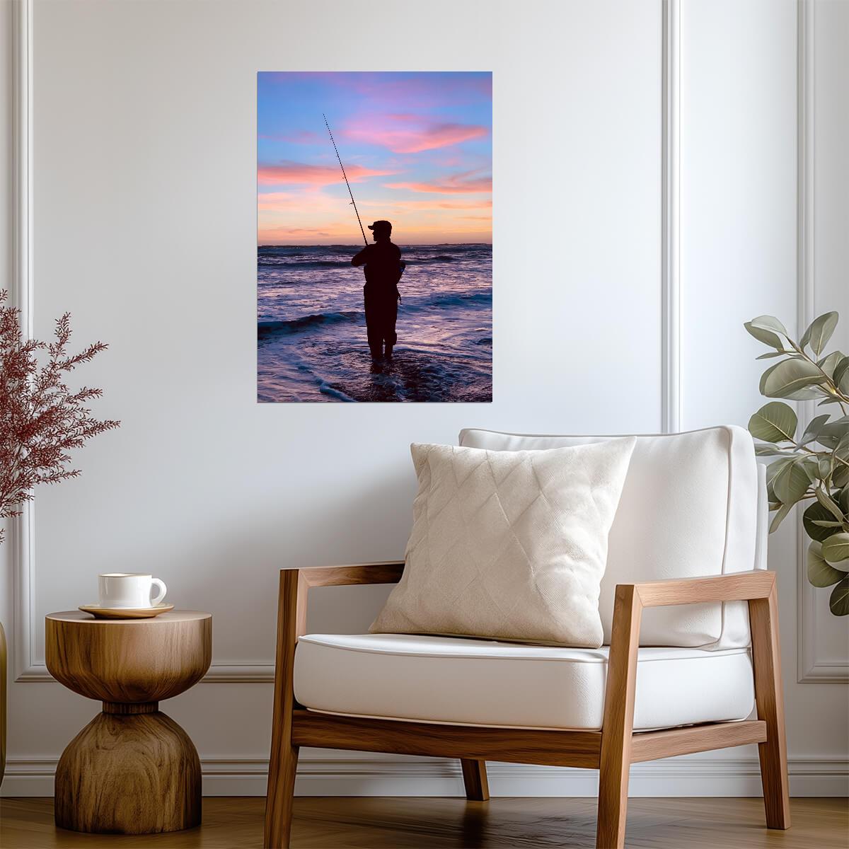 Fisherman Casting at Sunset | Ocean Fishing Poster | Scenic Wall Art - Photography Poster