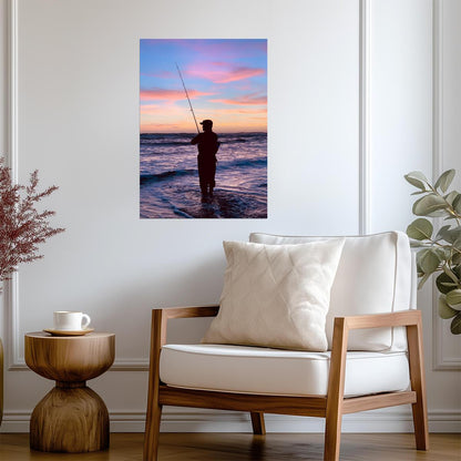Fisherman Casting at Sunset | Ocean Fishing Poster | Scenic Wall Art - Photography Poster