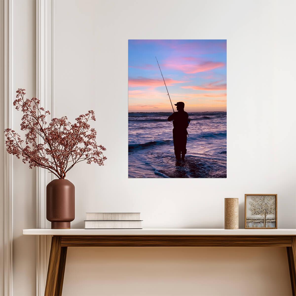 Fisherman Casting at Sunset | Ocean Fishing Poster | Scenic Wall Art - Photography Poster