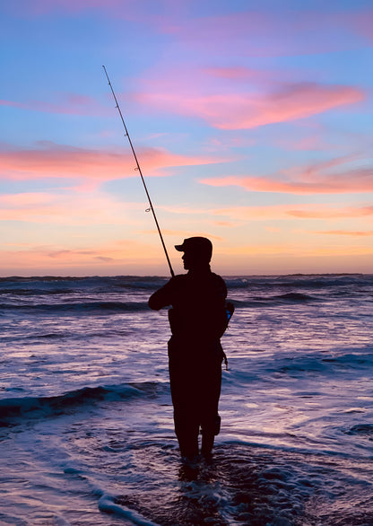 Fisherman Casting at Sunset | Ocean Fishing Poster | Scenic Wall Art - Photography Poster