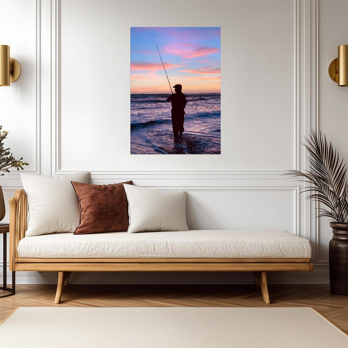Fisherman Casting at Sunset | Ocean Fishing Poster | Scenic Wall Art - Photography Poster