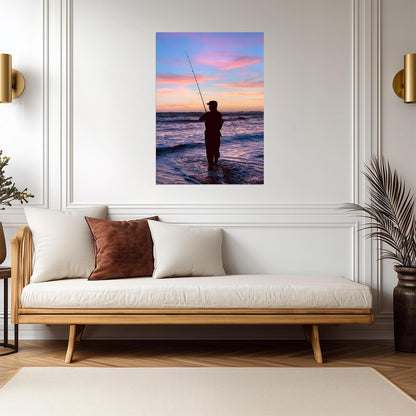 Fisherman Casting at Sunset | Ocean Fishing Poster | Scenic Wall Art - Photography Poster