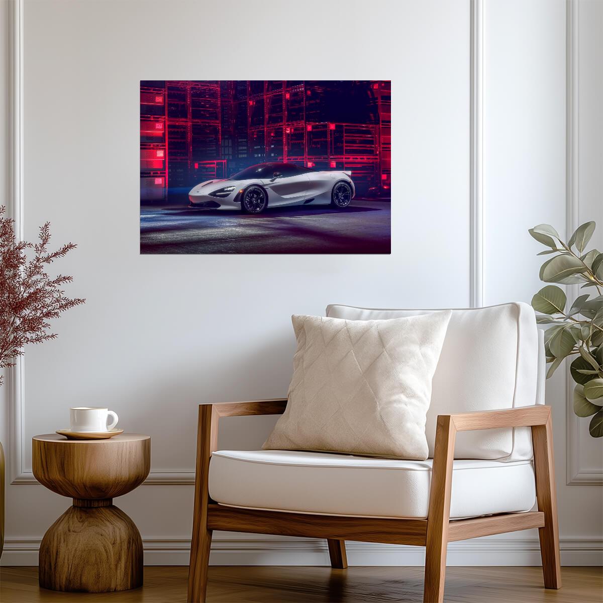 McLaren 720S | White British Supercar Poster | Automotive Art in Red Neon Light - Cars Poster