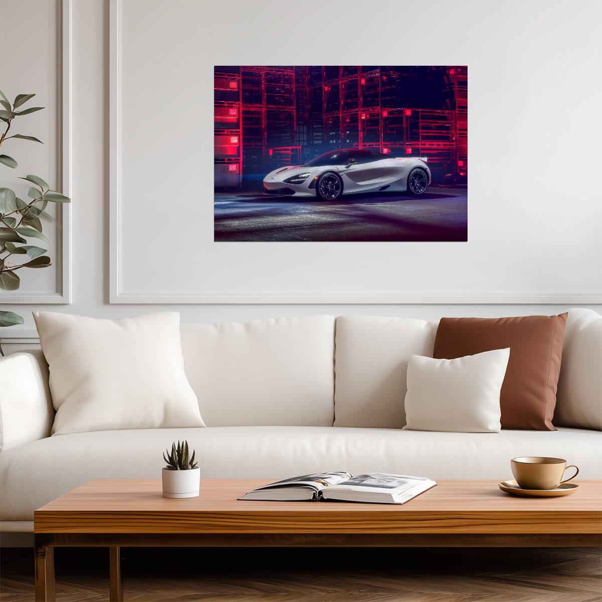 McLaren 720S | White British Supercar Poster | Automotive Art in Red Neon Light - Cars Poster