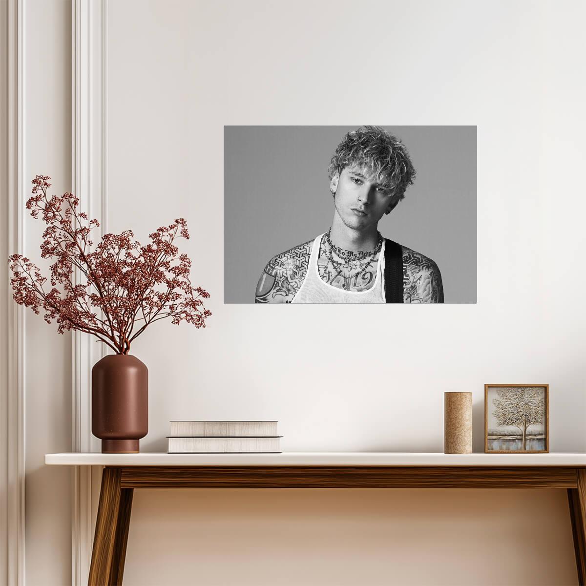 Machine Gun Kelly White Tank Top | Tattoos Black and White Photo | Alternative Rock Poster - Music Poster