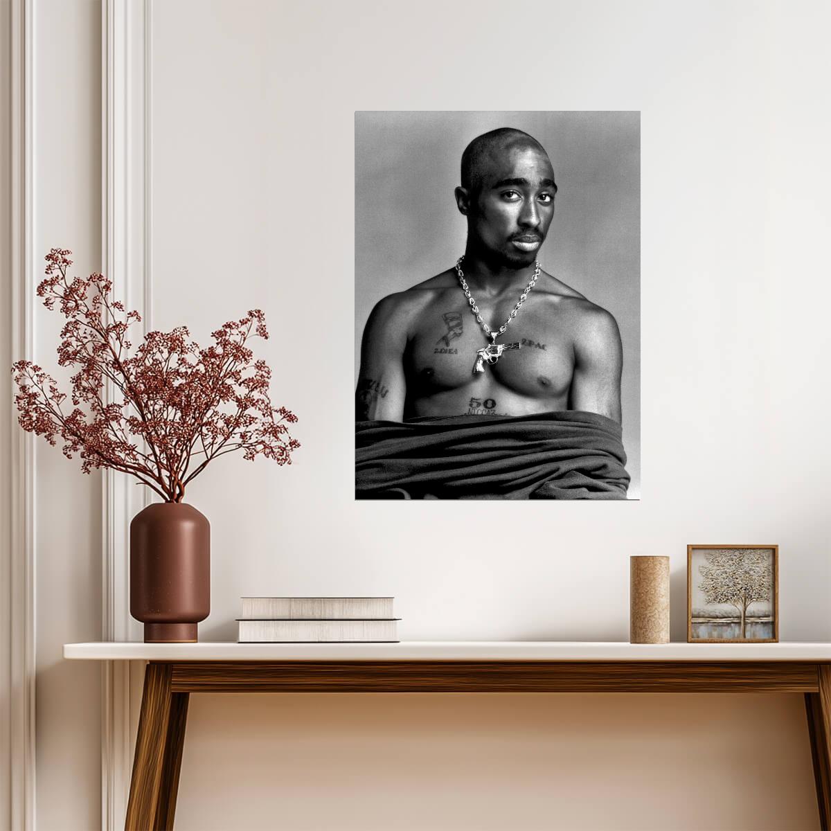 Tupac Shakur Gun Chain | Shirtless B&W Studio Portrait | 90s Rap Icon Poster - Music Poster