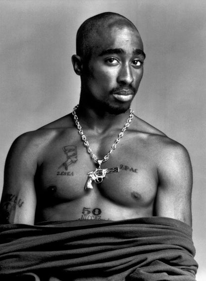 Tupac Shakur Gun Chain | Shirtless B&W Studio Portrait | 90s Rap Icon Poster - Music Poster