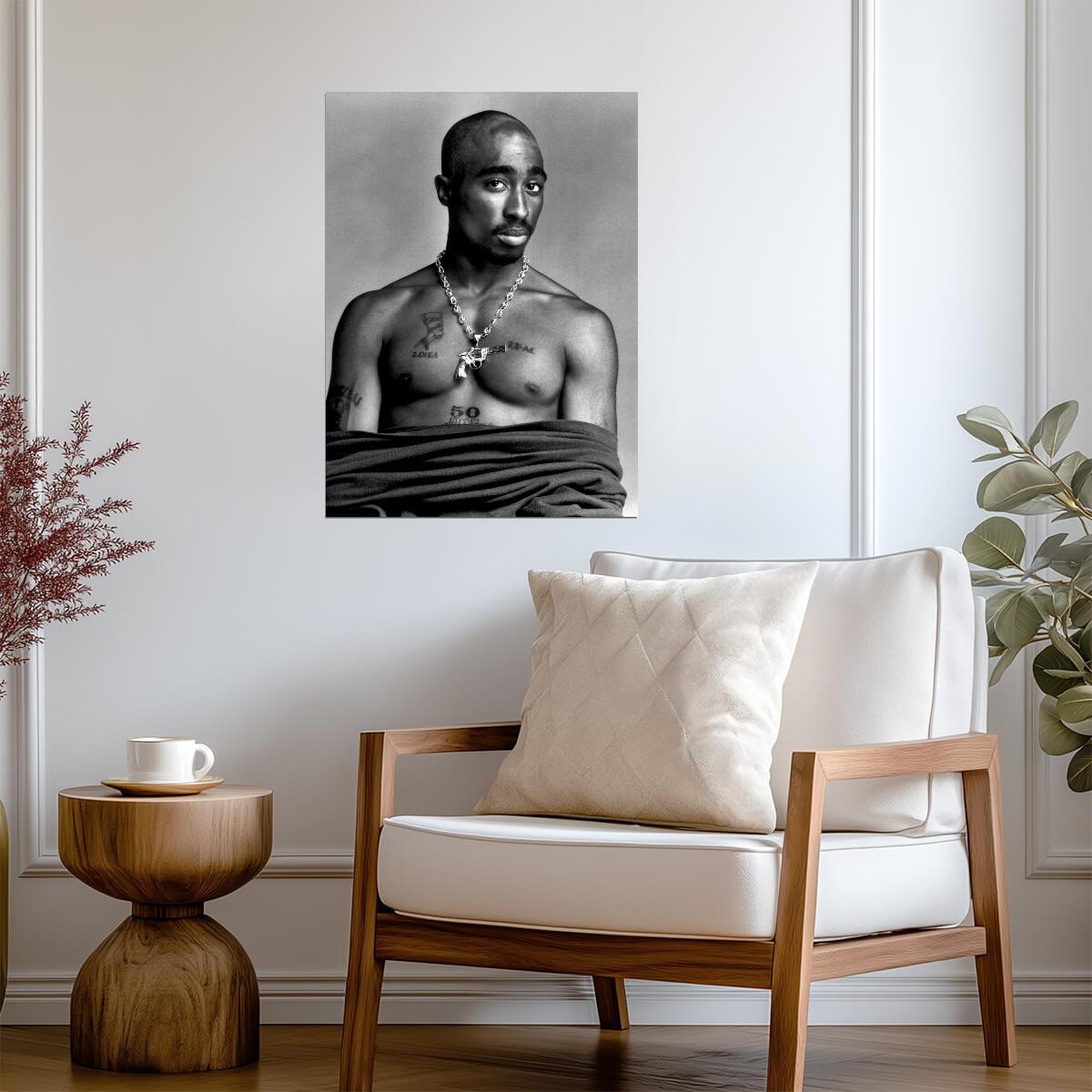 Tupac Shakur Gun Chain | Shirtless B&W Studio Portrait | 90s Rap Icon Poster - Music Poster