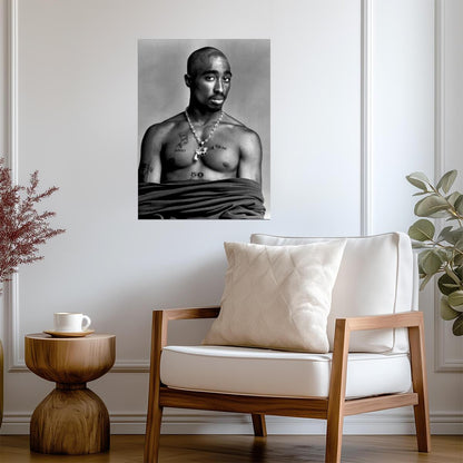 Tupac Shakur Gun Chain | Shirtless B&W Studio Portrait | 90s Rap Icon Poster - Music Poster