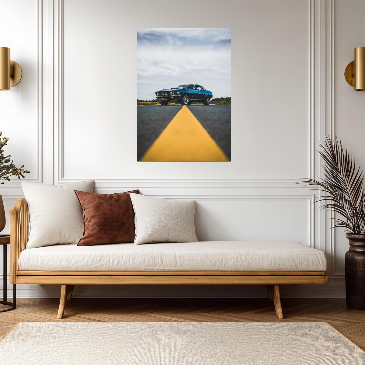 Ford Mustang 1969 | Classic American Muscle Car | Vintage Blue Pony Car Poster - Cars Poster