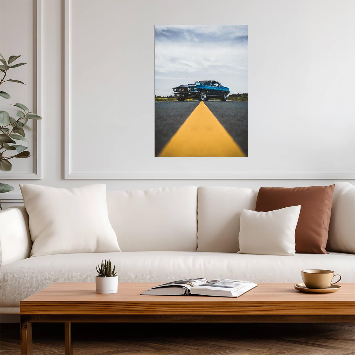 Ford Mustang 1969 | Classic American Muscle Car | Vintage Blue Pony Car Poster - Cars Poster