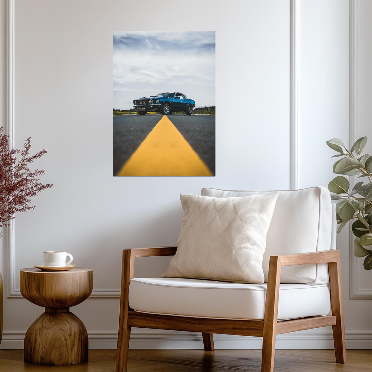 Ford Mustang 1969 | Classic American Muscle Car | Vintage Blue Pony Car Poster - Cars Poster