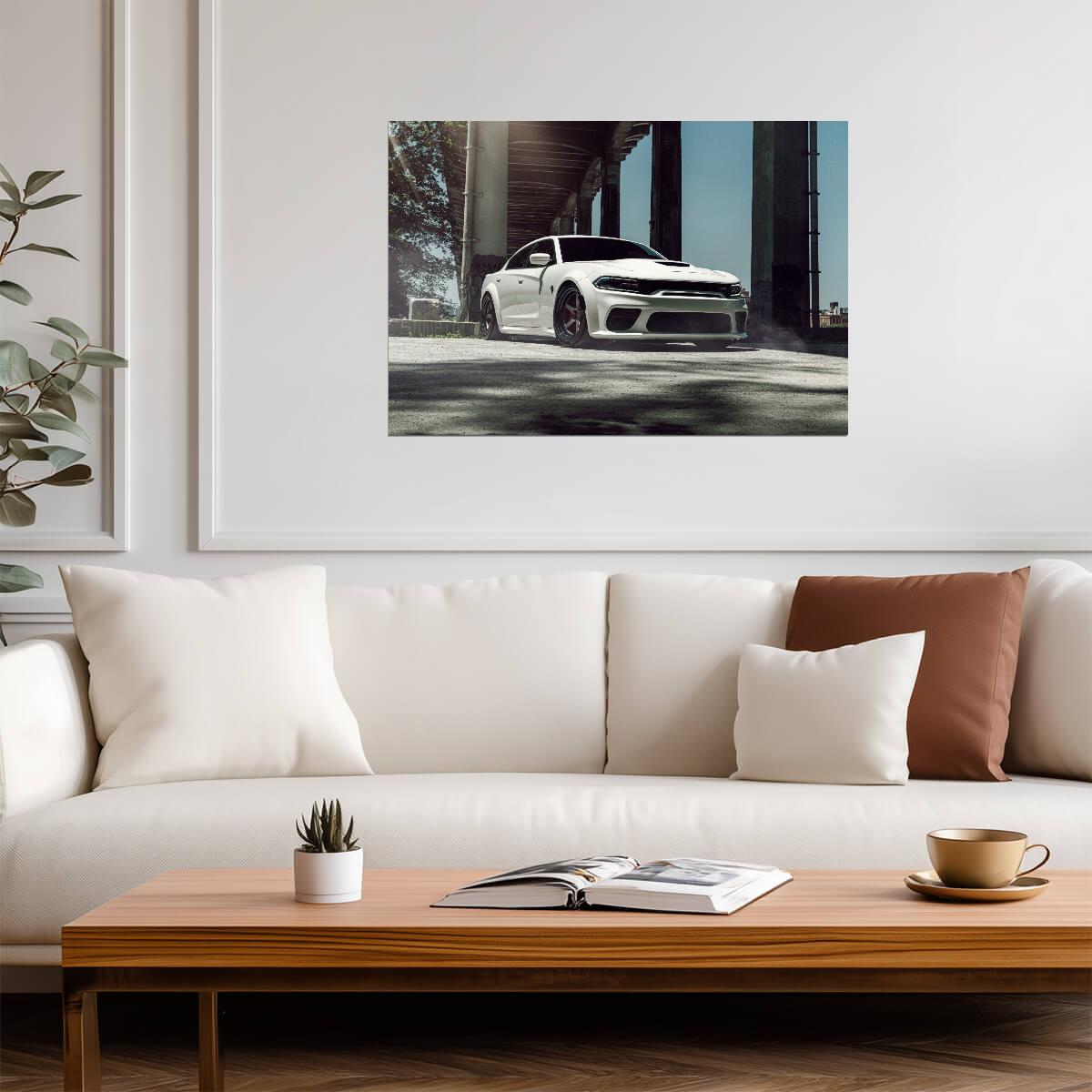 Dodge Charger SRT Hellcat Widebody | White American Muscle Poster | Performance Sedan Art - Cars Poster