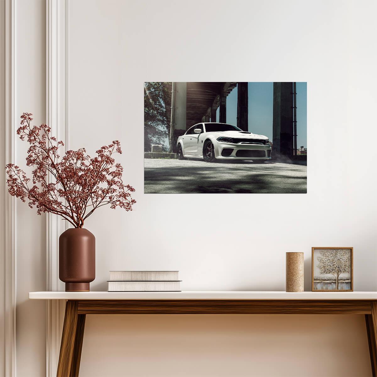 Dodge Charger SRT Hellcat Widebody | White American Muscle Poster | Performance Sedan Art - Cars Poster