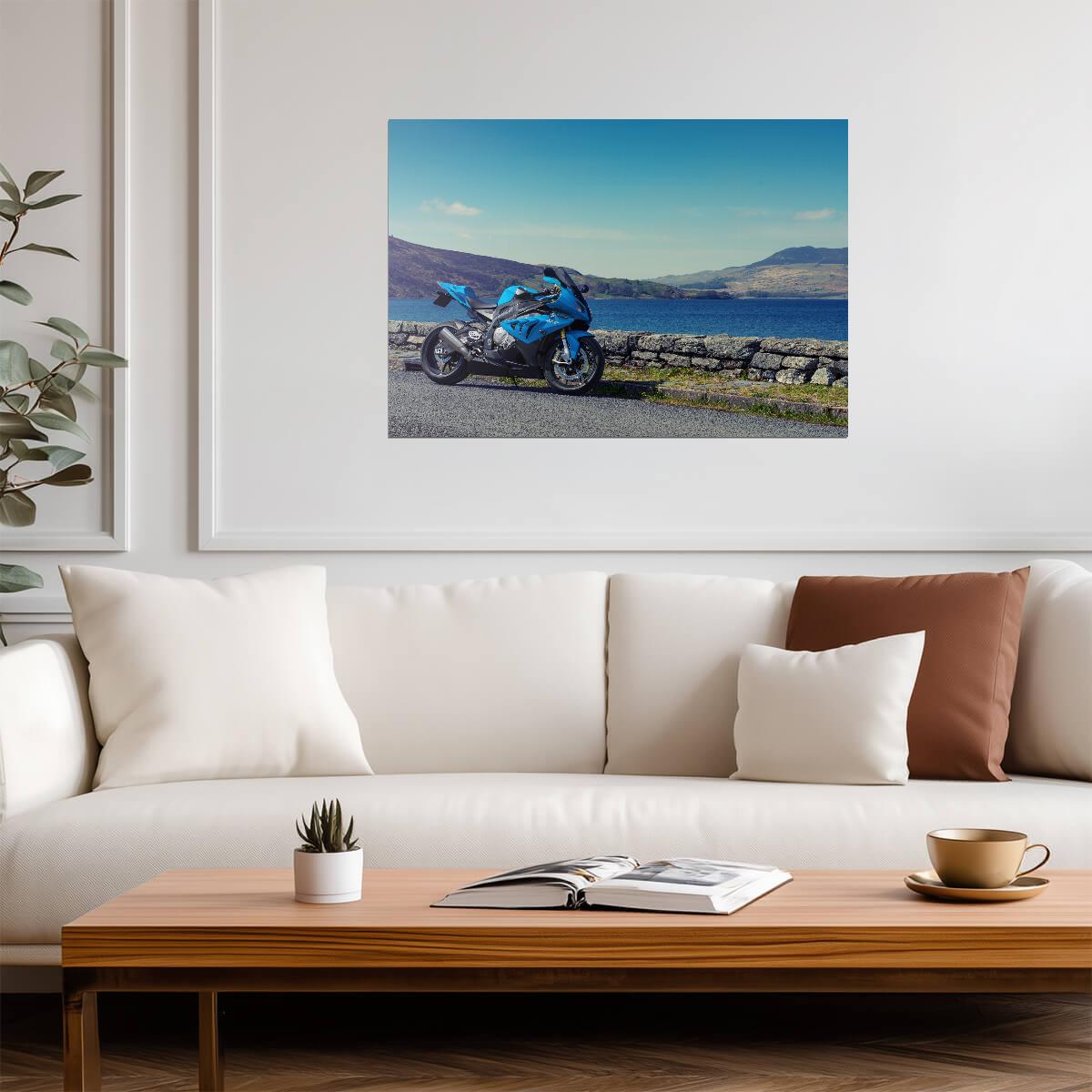 BMW S1000RR | Blue Superbike Poster | German Motorcycle in Scenic Landscape - Cars Poster
