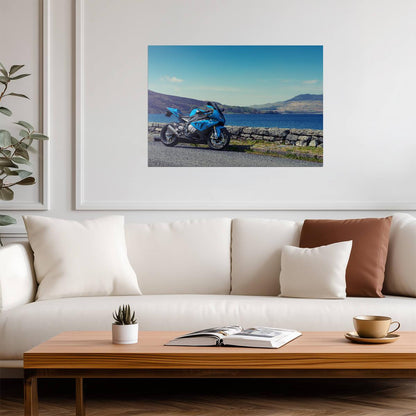 BMW S1000RR | Blue Superbike Poster | German Motorcycle in Scenic Landscape - Cars Poster