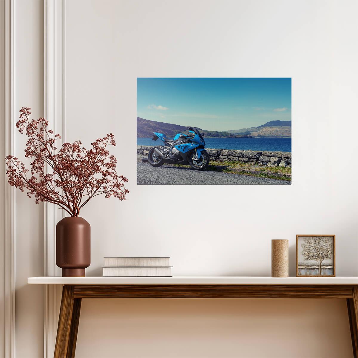 BMW S1000RR | Blue Superbike Poster | German Motorcycle in Scenic Landscape - Cars Poster