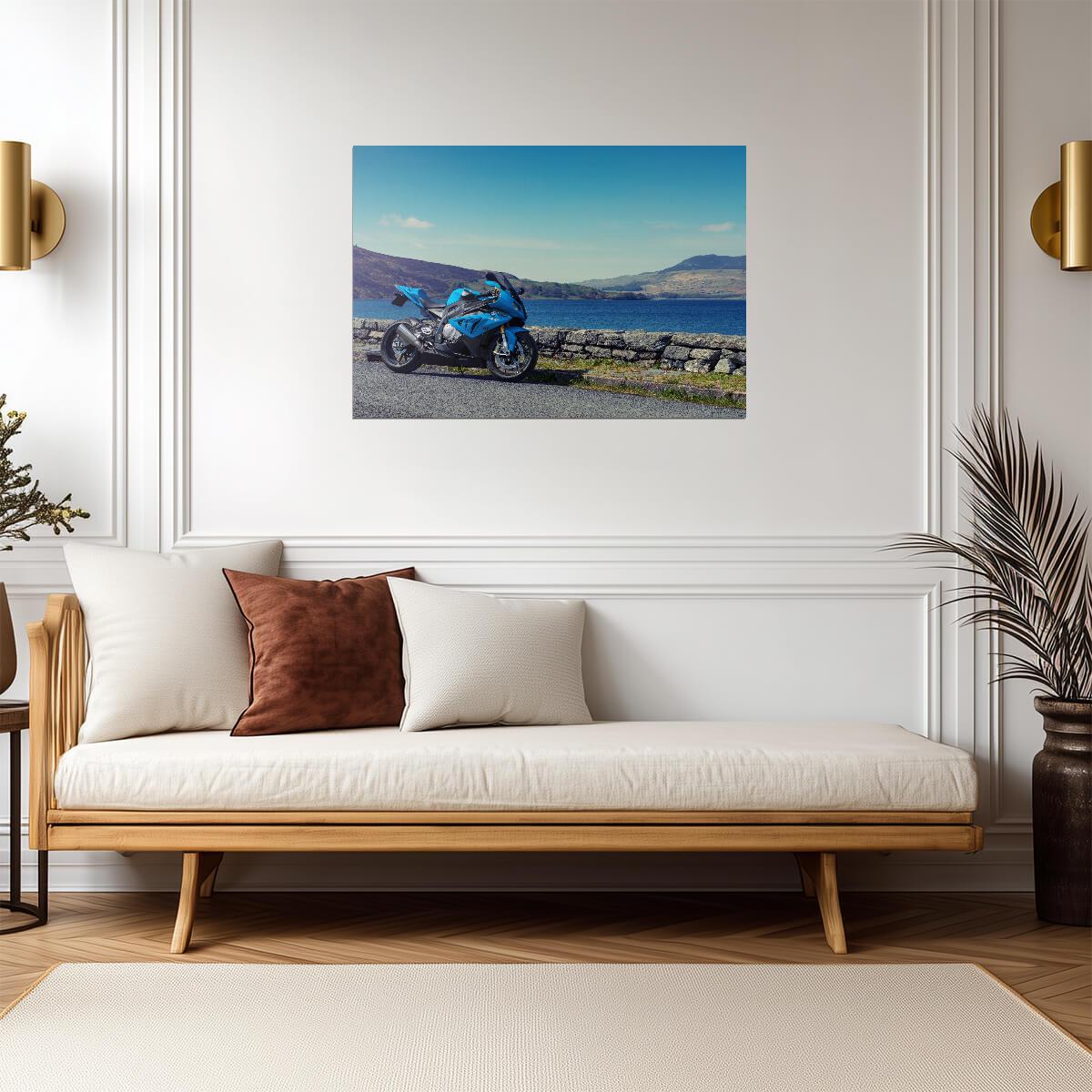 BMW S1000RR | Blue Superbike Poster | German Motorcycle in Scenic Landscape - Cars Poster