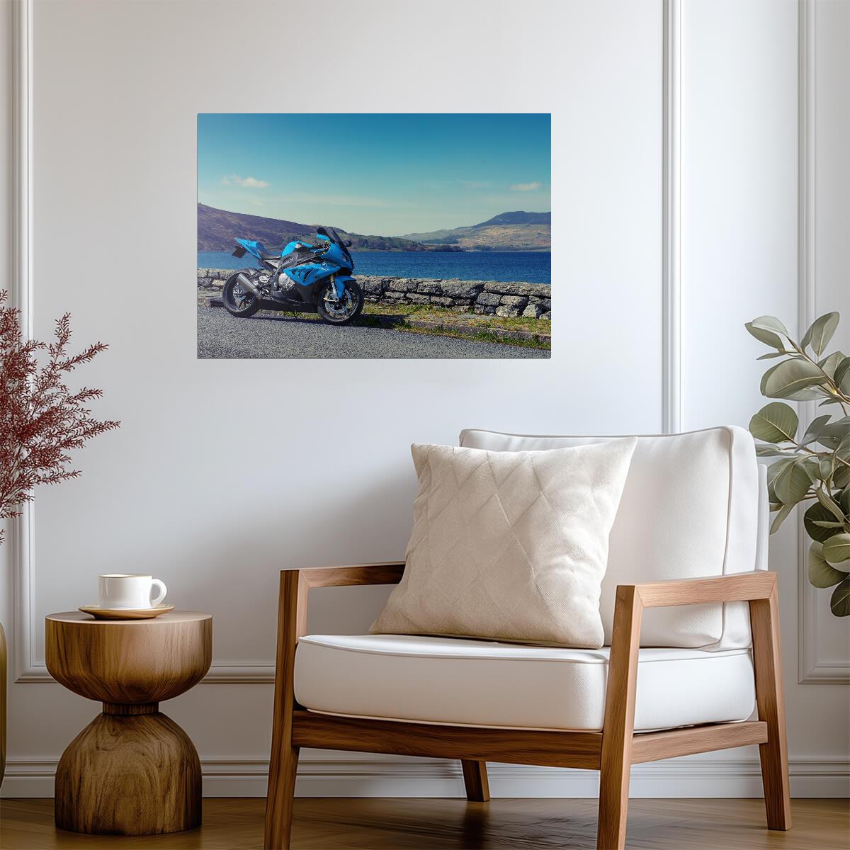 BMW S1000RR | Blue Superbike Poster | German Motorcycle in Scenic Landscape - Cars Poster
