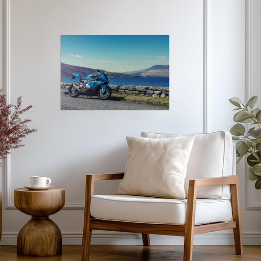 BMW S1000RR | Blue Superbike Poster | German Motorcycle in Scenic Landscape - Cars Poster
