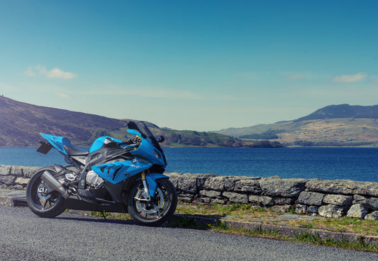 BMW S1000RR | Blue Superbike Poster | German Motorcycle in Scenic Landscape - Cars Poster