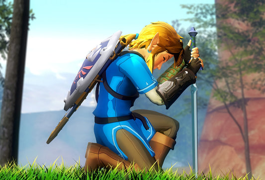 The Legend of Zelda Breath of the Wild Link Kneeling with Master Sword | Serene Moment Poster | Gaming Room BOTW Decor - Video Games Poster