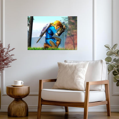The Legend of Zelda Breath of the Wild Link Kneeling with Master Sword | Serene Moment Poster | Gaming Room BOTW Decor - Video Games Poster