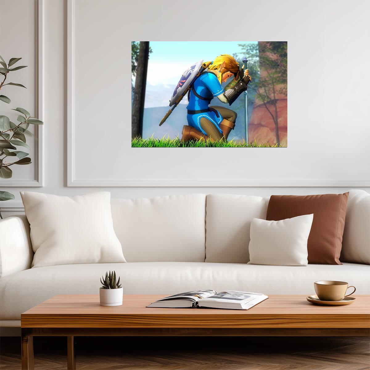 The Legend of Zelda Breath of the Wild Link Kneeling with Master Sword | Serene Moment Poster | Gaming Room BOTW Decor - Video Games Poster