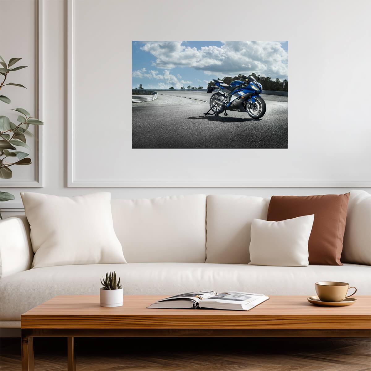 Yamaha YZF-R6 | Blue Supersport Motorcycle Poster | Japanese Sportbike on Racetrack - Cars Poster
