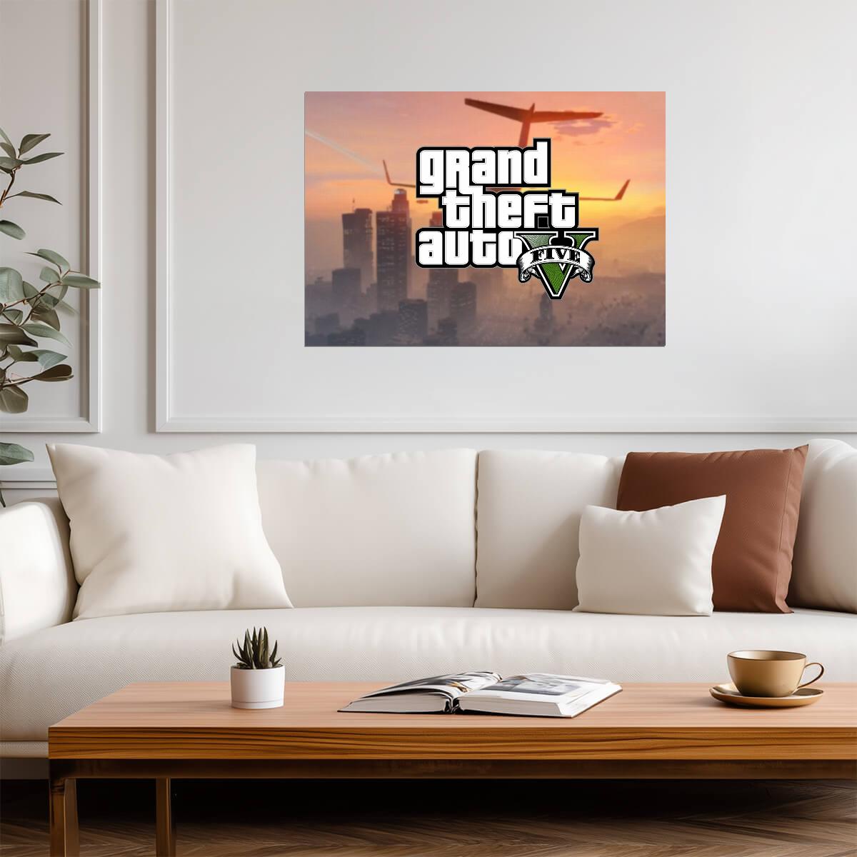 Grand Theft Auto V Logo Over Los Santos Skyline | Minimalist Game Poster | Action-Adventure Decor - Video Games Poster