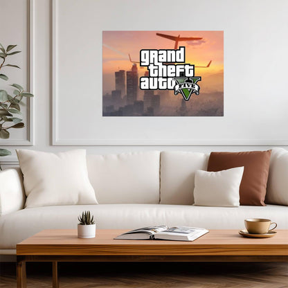 Grand Theft Auto V Logo Over Los Santos Skyline | Minimalist Game Poster | Action-Adventure Decor - Video Games Poster