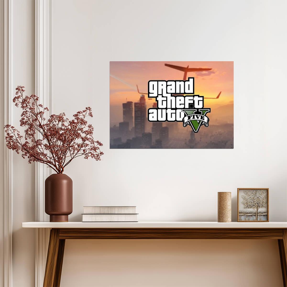 Grand Theft Auto V Logo Over Los Santos Skyline | Minimalist Game Poster | Action-Adventure Decor - Video Games Poster