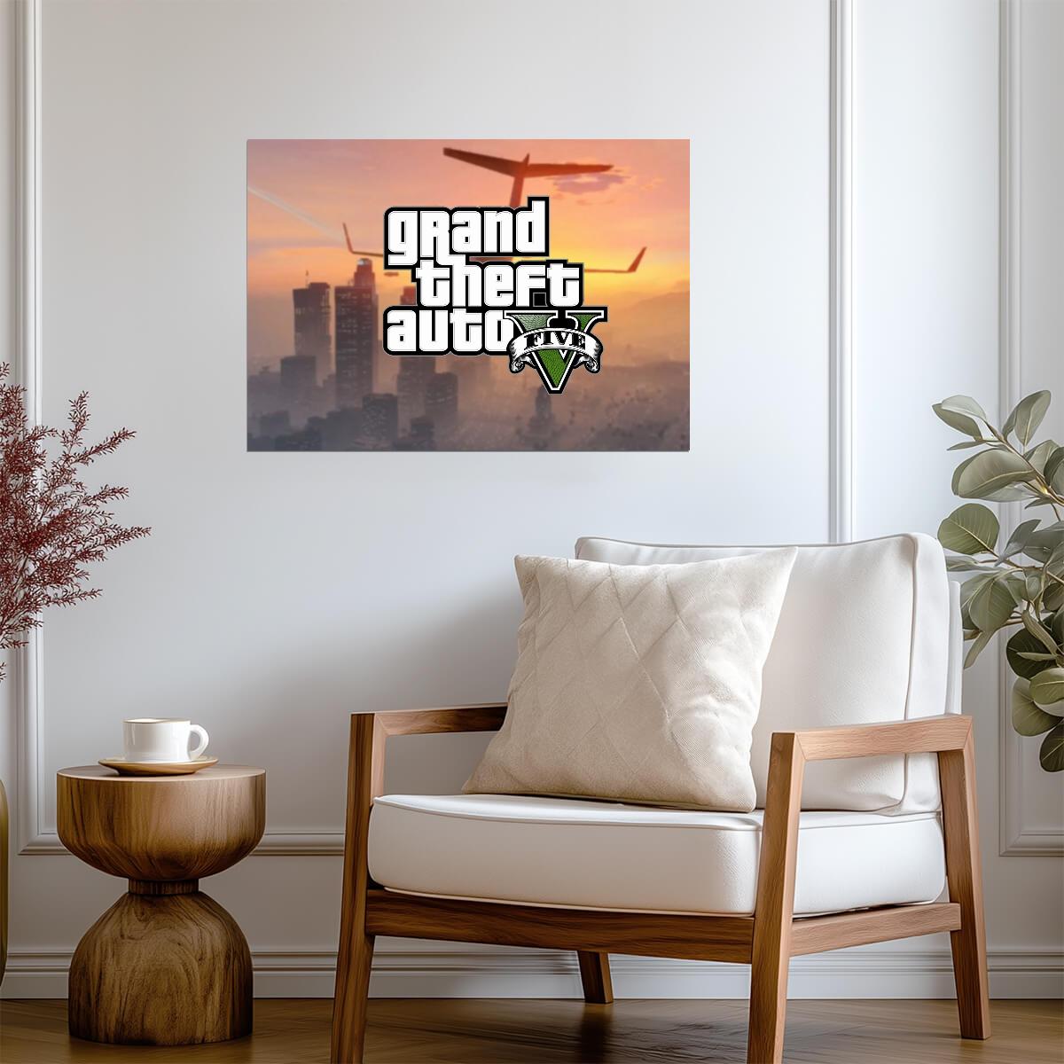 Grand Theft Auto V Logo Over Los Santos Skyline | Minimalist Game Poster | Action-Adventure Decor - Video Games Poster