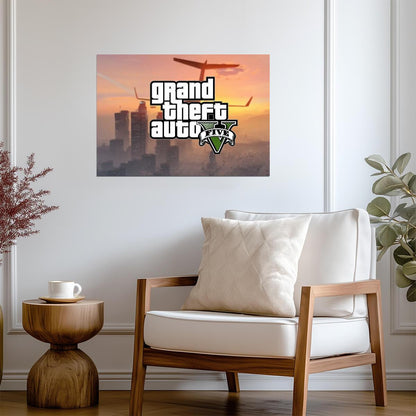 Grand Theft Auto V Logo Over Los Santos Skyline | Minimalist Game Poster | Action-Adventure Decor - Video Games Poster